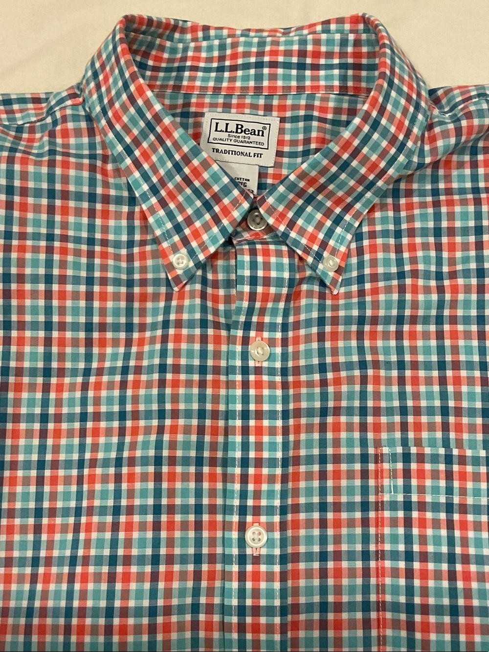 L.L. Bean Men's Short Sleeve Teal and Coral Check Button-Down Shirt XXL